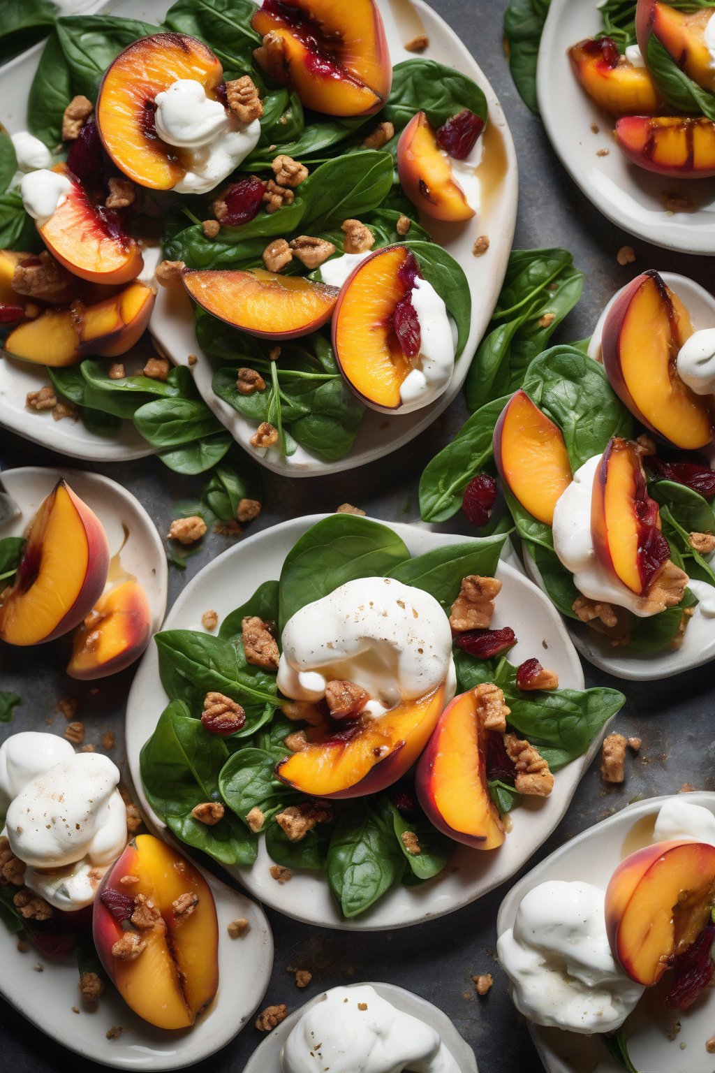 A high-resolution photo of grilled peach and burrata salad, caramelized peach halves with prosciutto wisps and melting burrata on spinach under soft lighting.