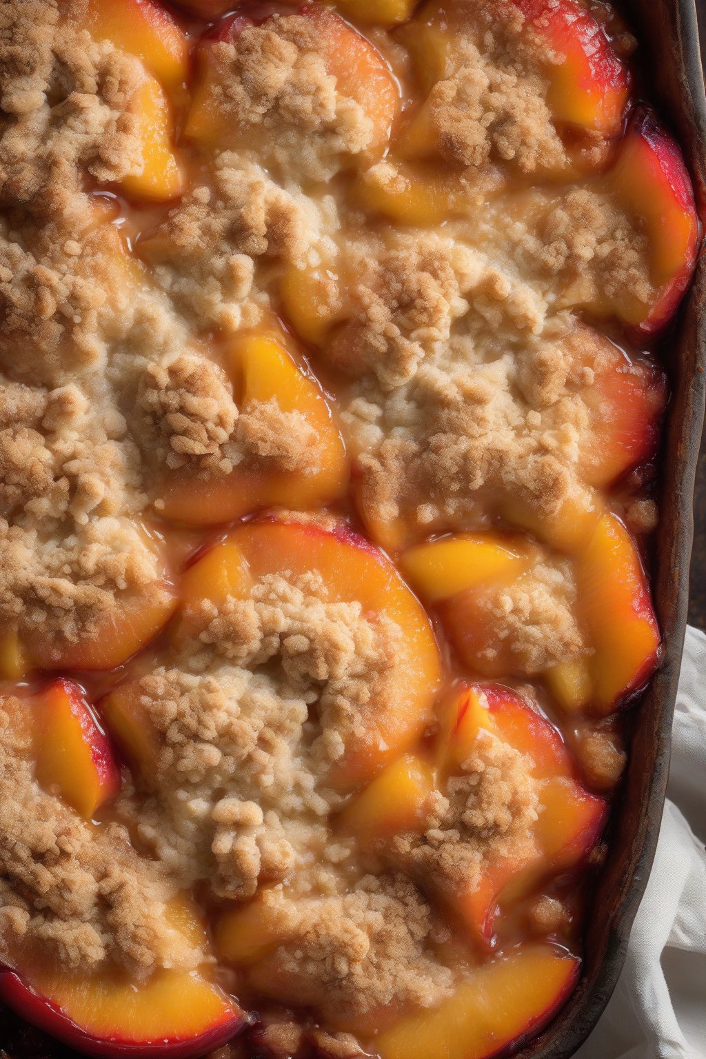 A high-resolution photo of peach cobbler with crunchy streusel topping and visible juicy peaches peeking through, under soft lighting.