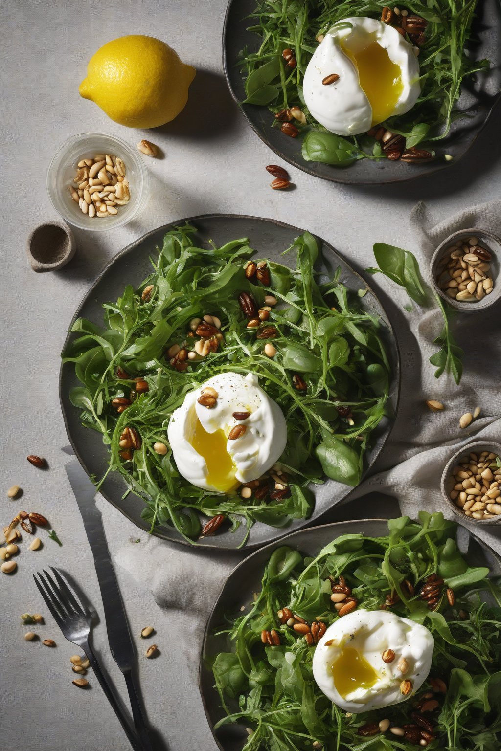 A high-resolution photo of arugula burrata salad, peppery greens topped with lemon-zested burrata and pine nuts under soft lighting.