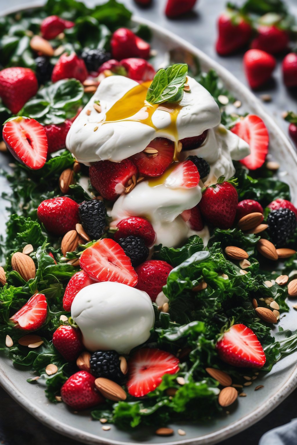 A high-resolution photo of strawberry burrata salad, red berries spilling over creamy burrata on kale with almonds under soft lighting.