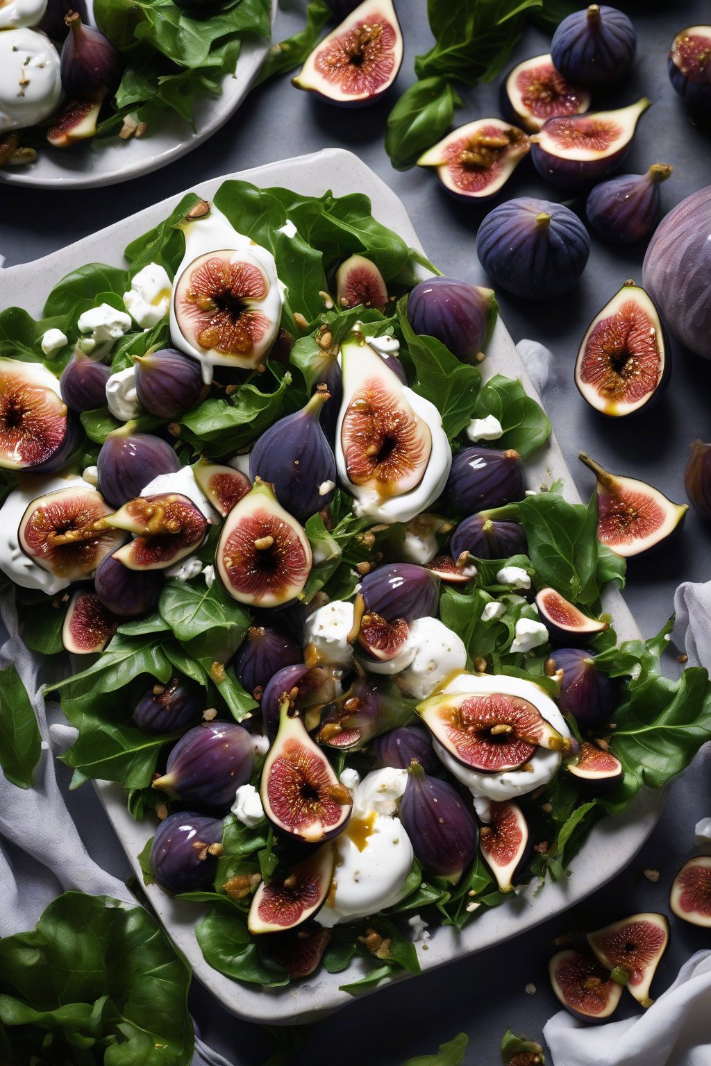 A high-resolution photo of fig and burrata salad, purple figs bursting beside gooey burrata drizzled in honey on greens under soft lighting.