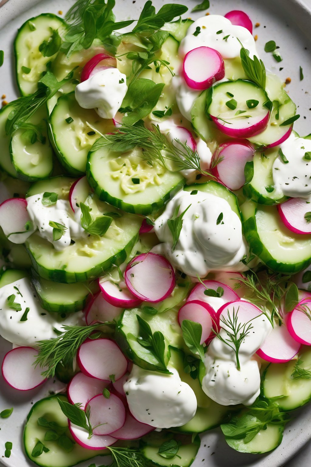 A high-resolution photo of cucumber burrata salad, crisp slices with radishes, creamy burrata, and dill yogurt under soft lighting.
