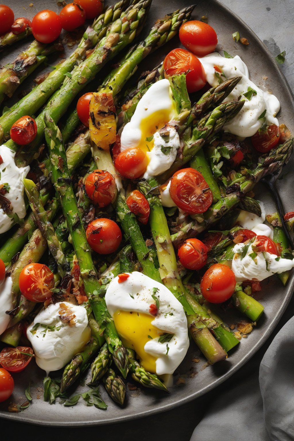 A high-resolution photo of roasted asparagus burrata salad, charred spears with tomatoes, burrata, and Parmesan shavings under soft lighting.