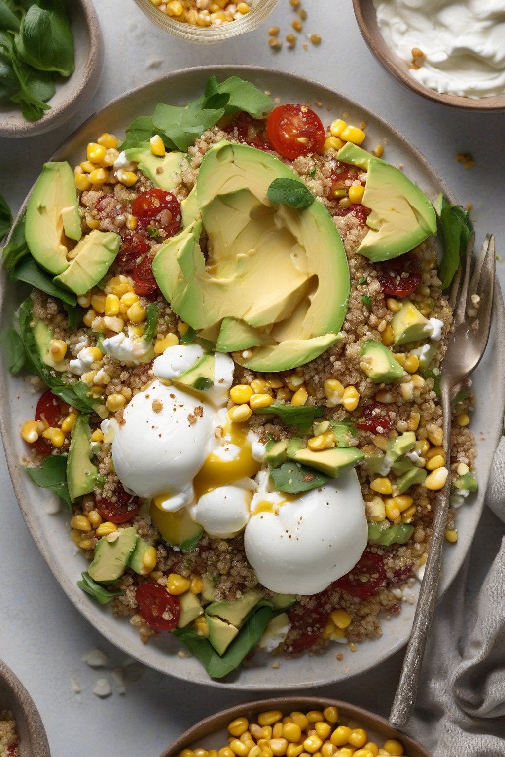 A high-resolution photo of quinoa burrata salad, fluffy grains with avocado, corn, and creamy burrata under soft lighting.