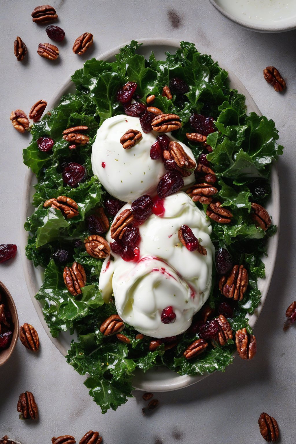 A high-resolution photo of kale burrata salad, dark green leaves with candied pecans, cranberries, and burrata under soft lighting.