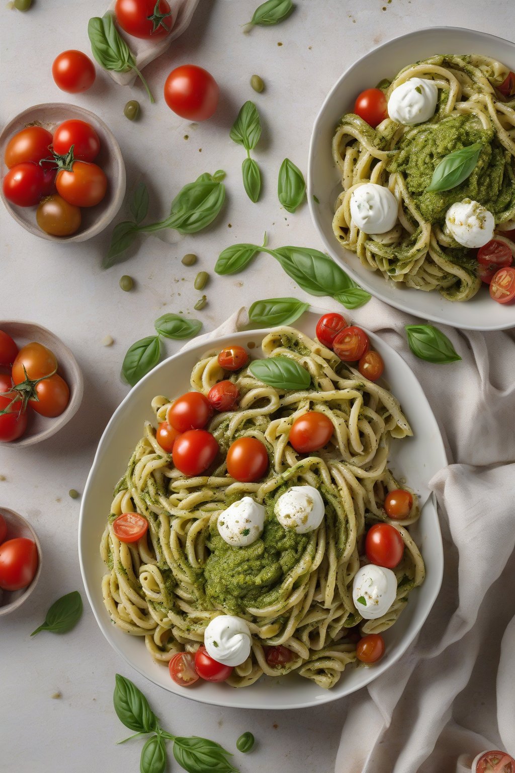 A high-resolution photo of pesto burrata pasta salad, twirled pasta coated in green pesto with burrata and tomatoes under soft lighting.