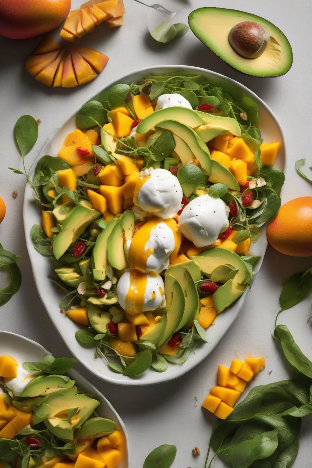 A high-resolution photo of mango avocado burrata salad, bright orange mango and green avocado with burrata under soft lighting.