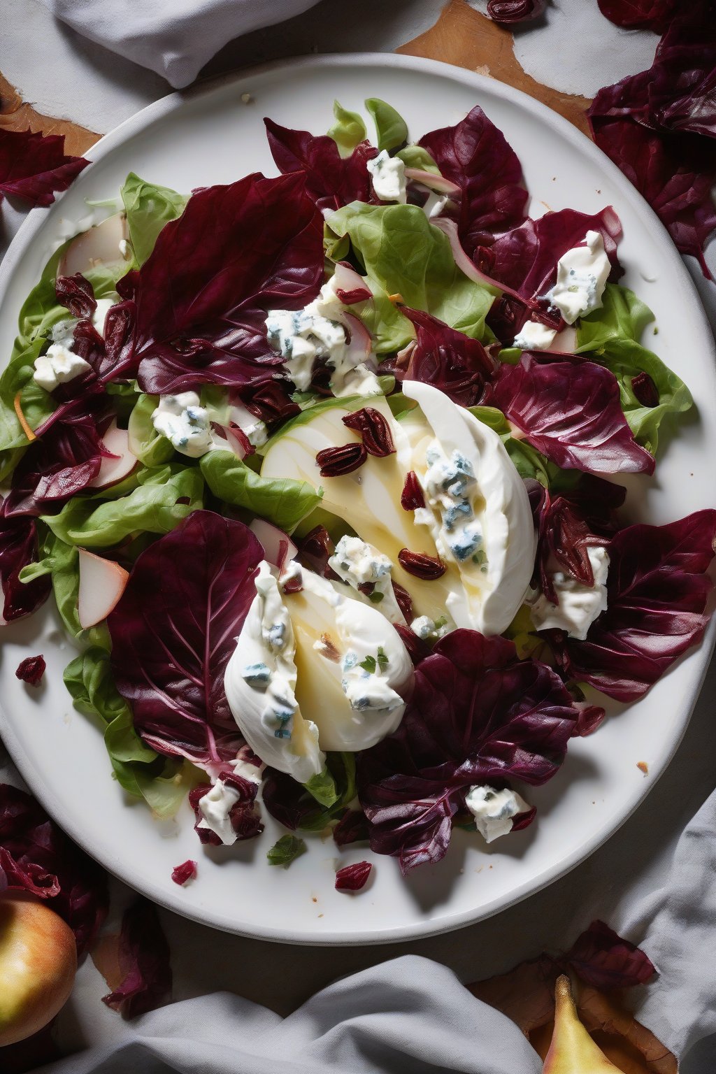 A high-resolution photo of radicchio burrata salad, red leaves with pear slices, blue cheese, and creamy burrata under soft lighting.