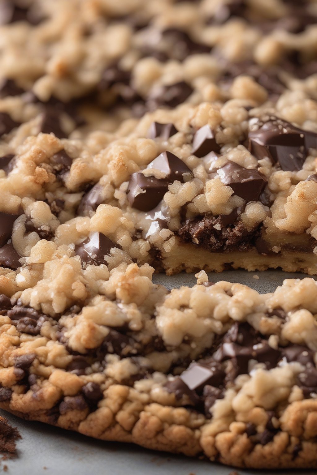 A high-resolution close-up photo of a giant chocolate chip crumble cookie topped with flaky sea salt under soft lighting.
