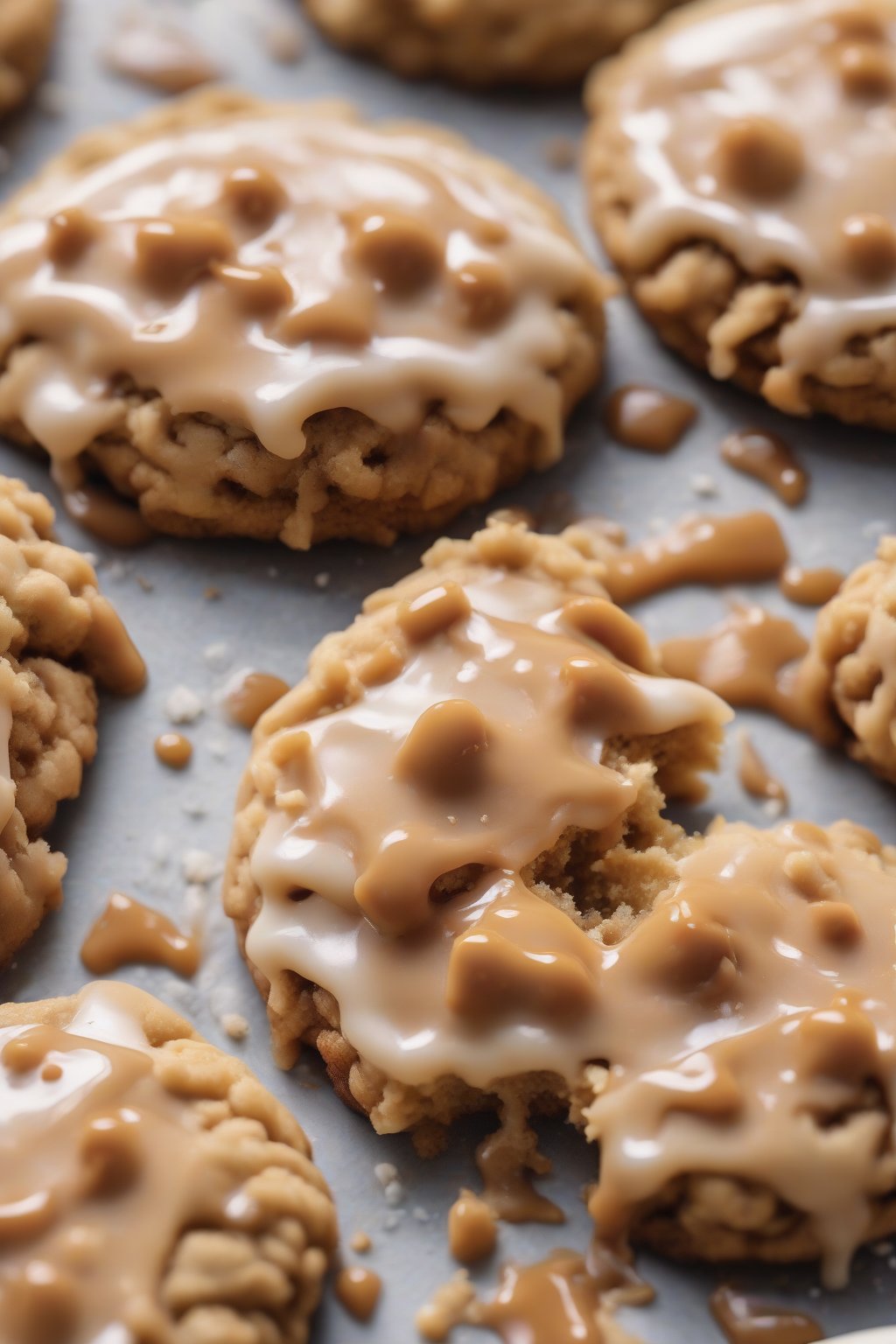 A high-resolution close-up photo of a salted caramel crumble cookie with dripping frosting under soft lighting.