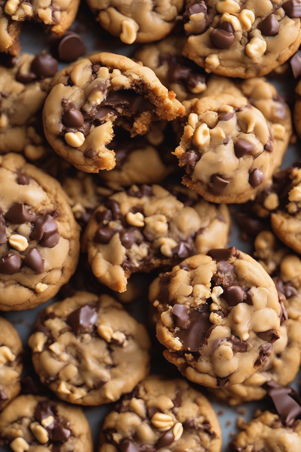 A high-resolution close-up photo of a peanut butter cup crumble cookie oozing filling under soft lighting.