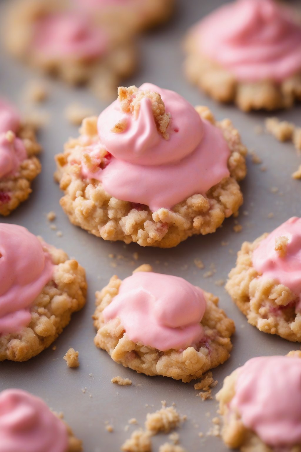 A high-resolution close-up photo of a strawberry shortcake crumble cookie piled with pink frosting under soft lighting.