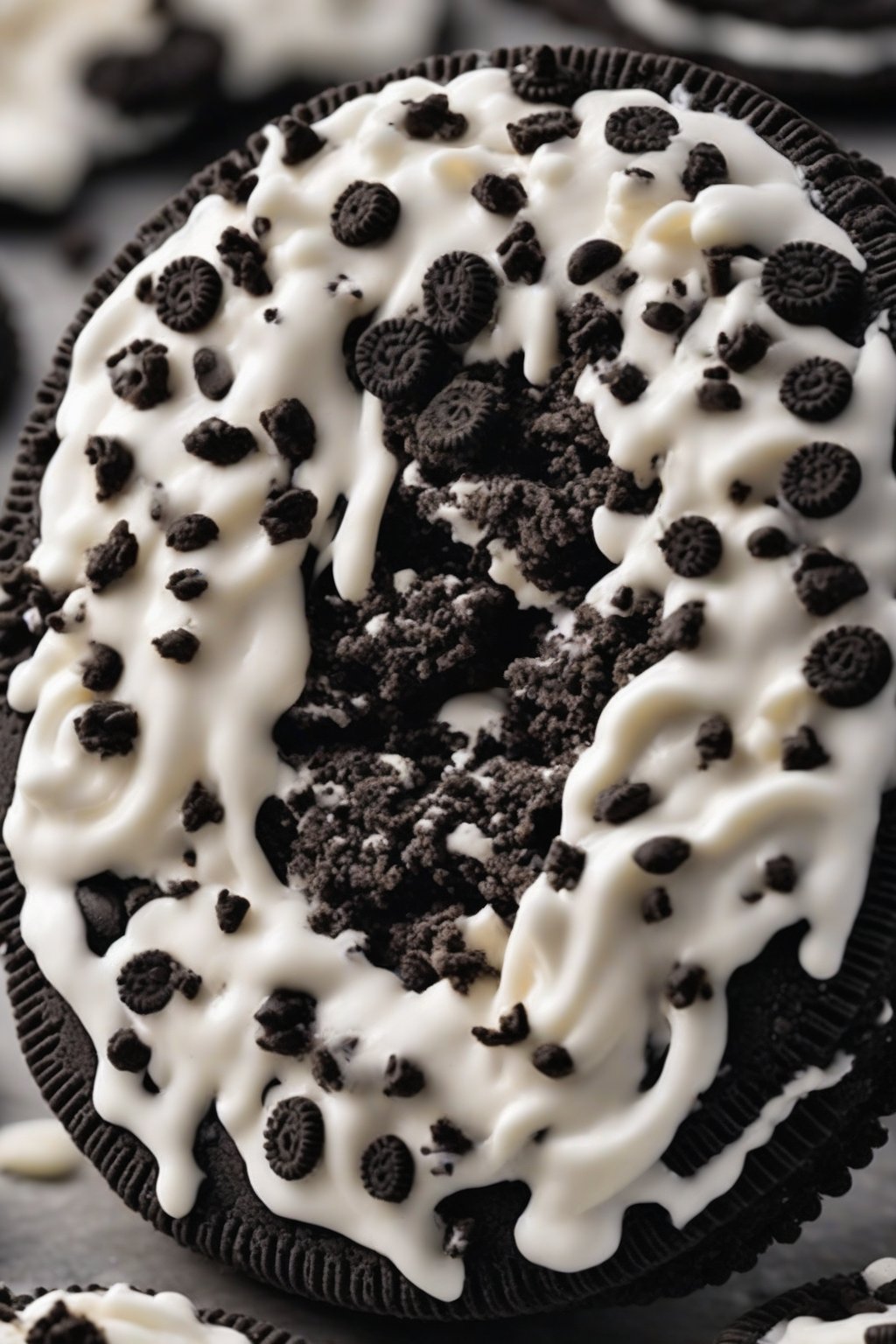 A high-resolution close-up photo of an Oreo crumble cookie with black-and-white frosting under soft lighting.