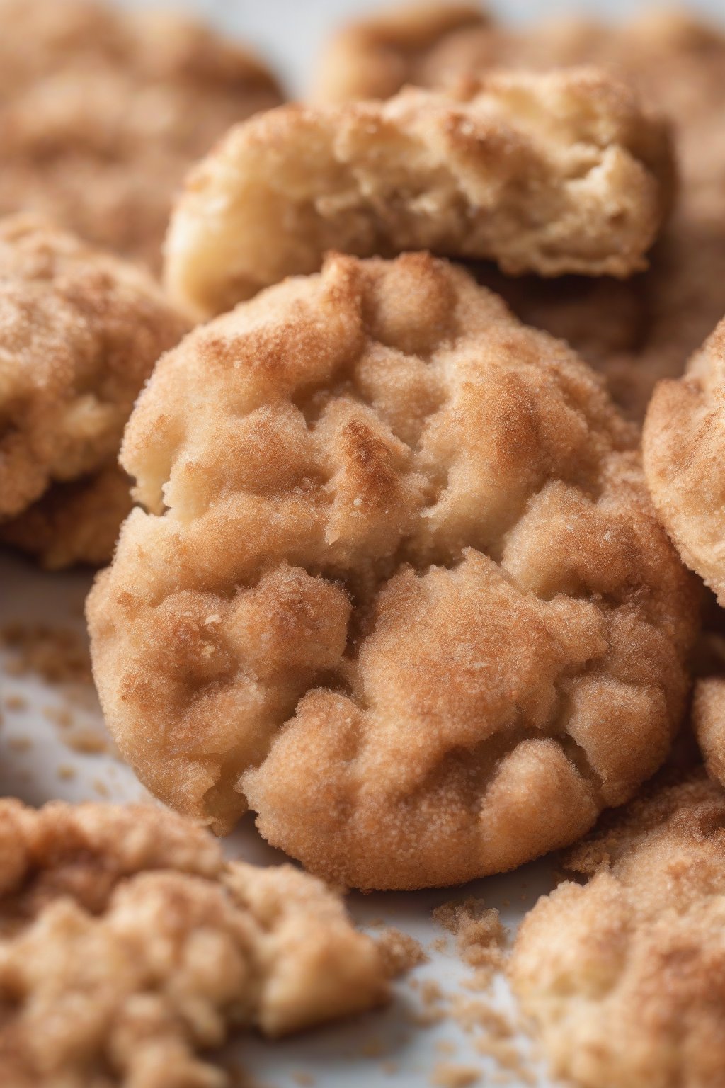 A high-resolution close-up photo of a snickerdoodle crumble cookie cracked with cinnamon sugar under soft lighting.