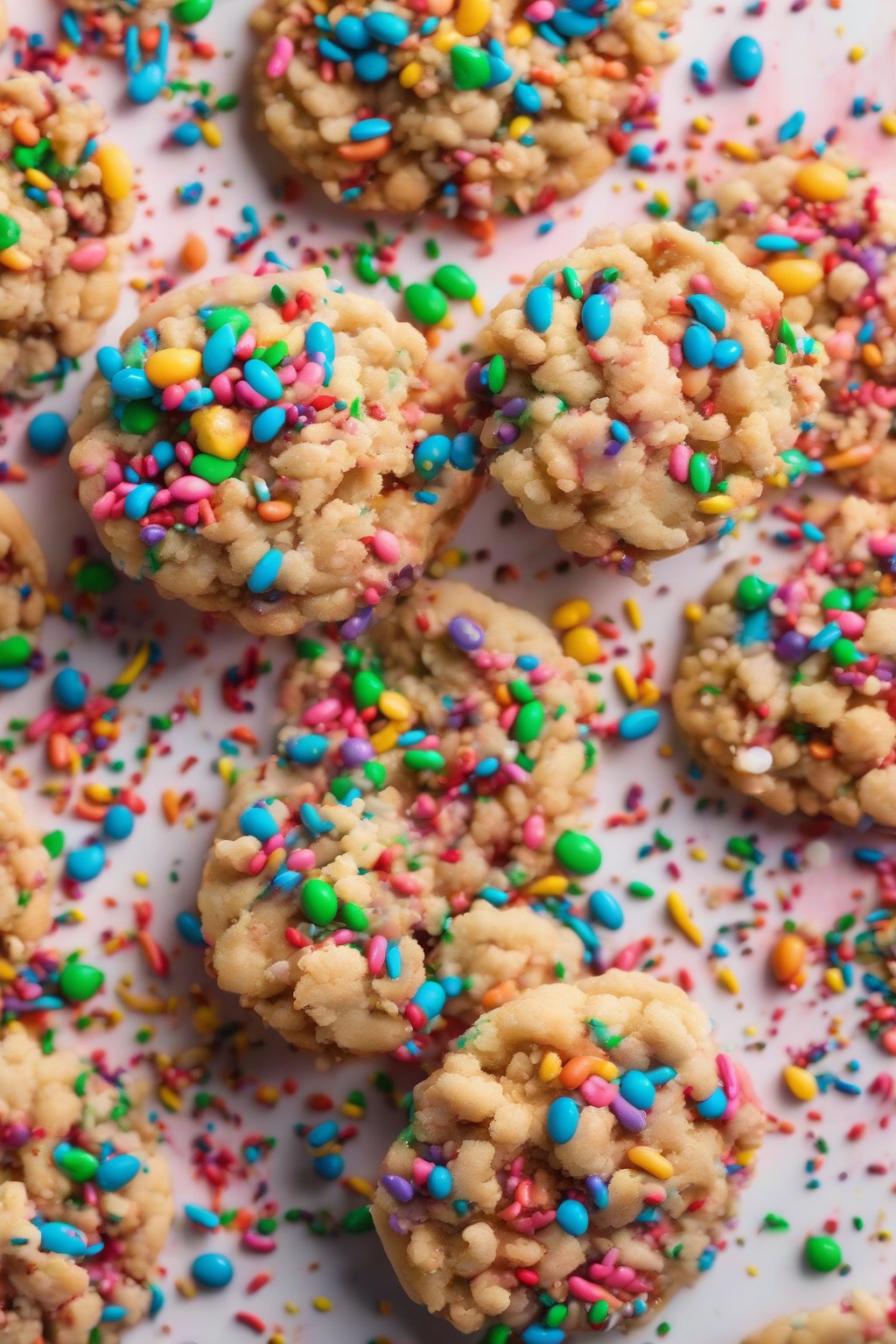 A high-resolution close-up photo of a birthday cake crumble cookie bursting with rainbow sprinkles under soft lighting.