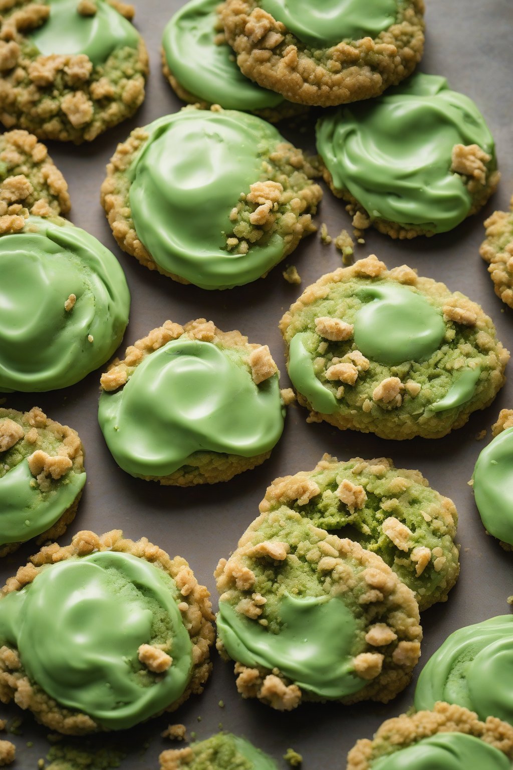 A high-resolution close-up photo of a matcha crumble cookie with smooth green frosting under soft lighting.