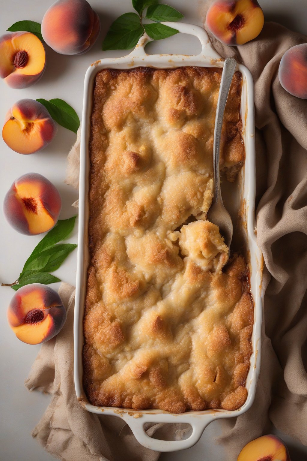 A high-resolution photo of gluten-free peach cobbler with a tender crumbly top and glossy peach filling, under soft lighting.