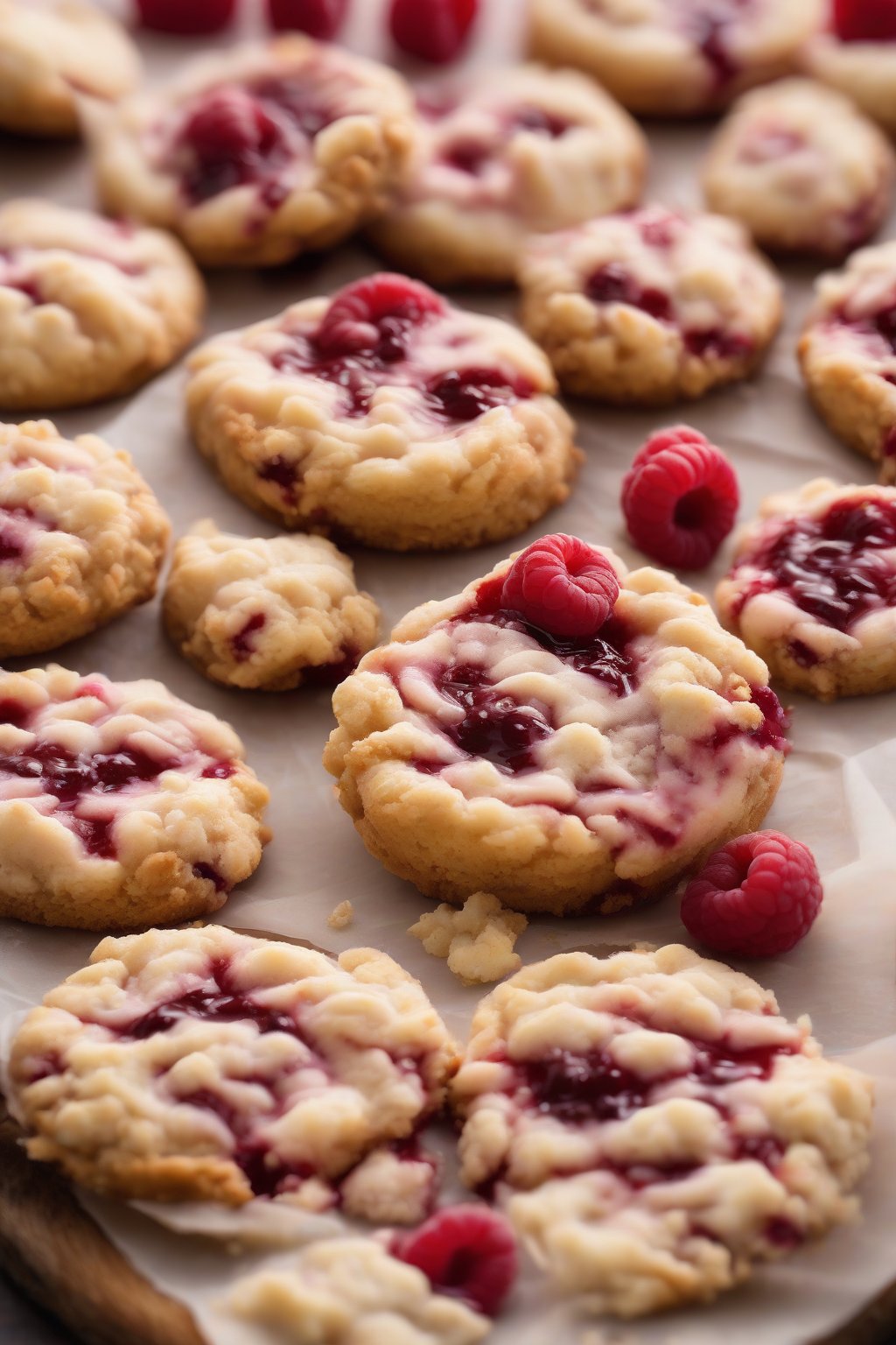 A high-resolution close-up photo of a raspberry cheesecake crumble cookie with jam swirls under soft lighting.
