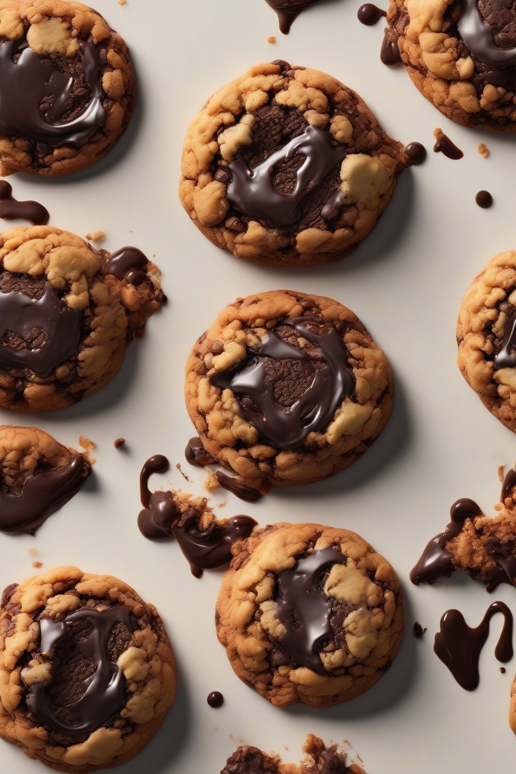 A high-resolution close-up photo of a molten lava crumble cookie with flowing chocolate center under soft lighting.
