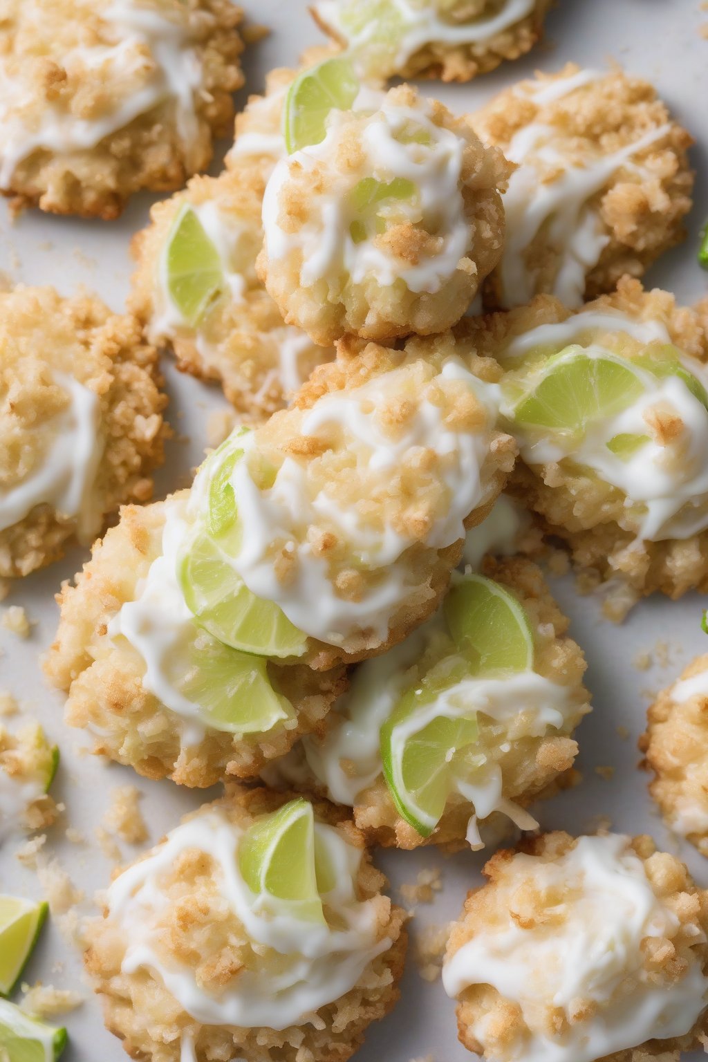 A high-resolution close-up photo of a coconut lime crumble cookie topped with white frosting under soft lighting.