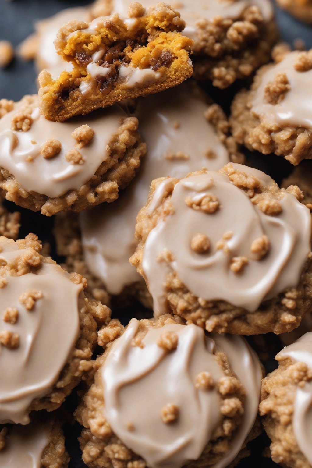 A high-resolution close-up photo of a pumpkin spice crumble cookie with spiced frosting under soft lighting.