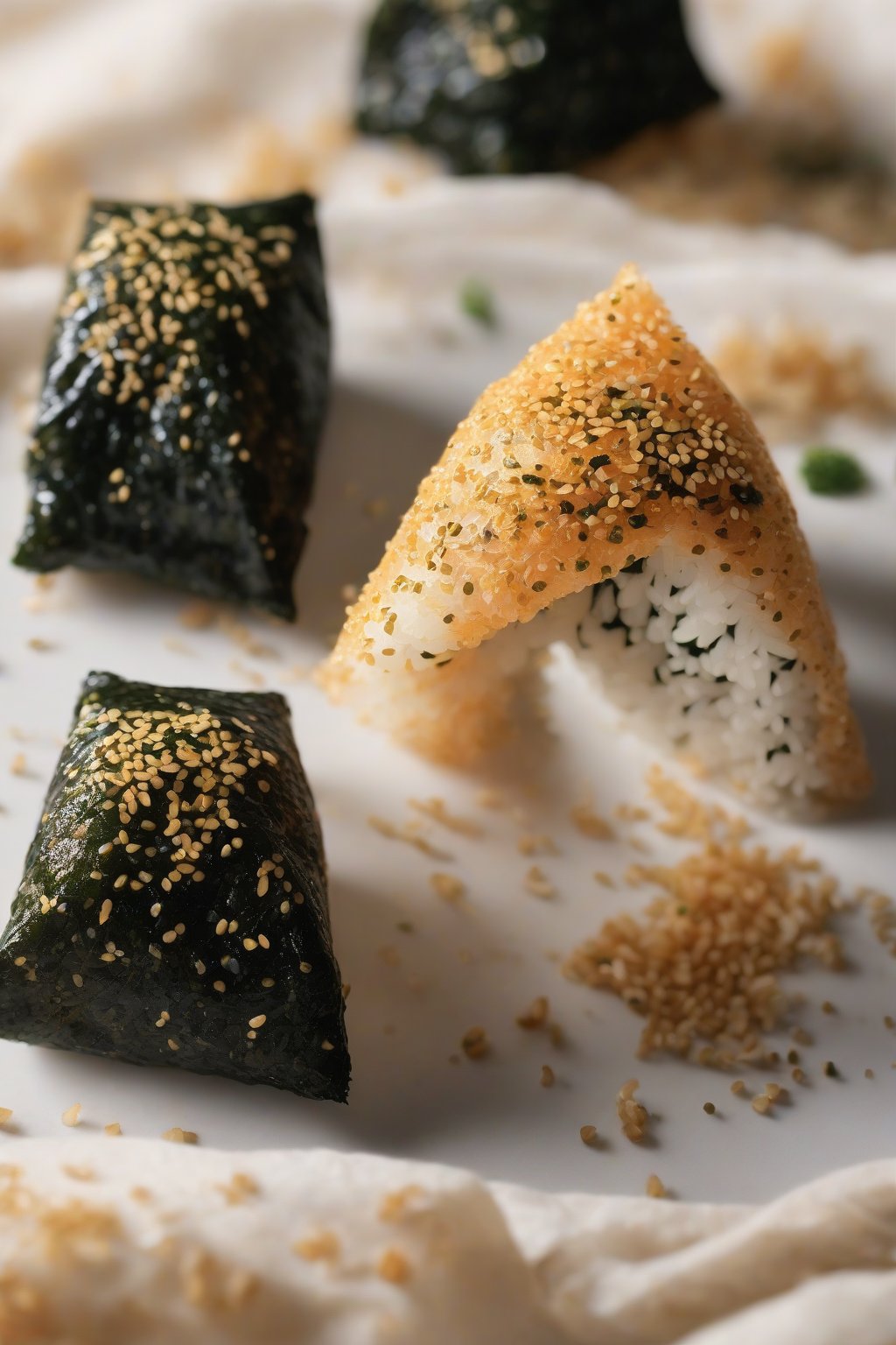 A high-resolution close-up photo of golden triangle-shaped umeboshi onigiri wrapped in nori, sprinkled with sesame seeds, under soft lighting.