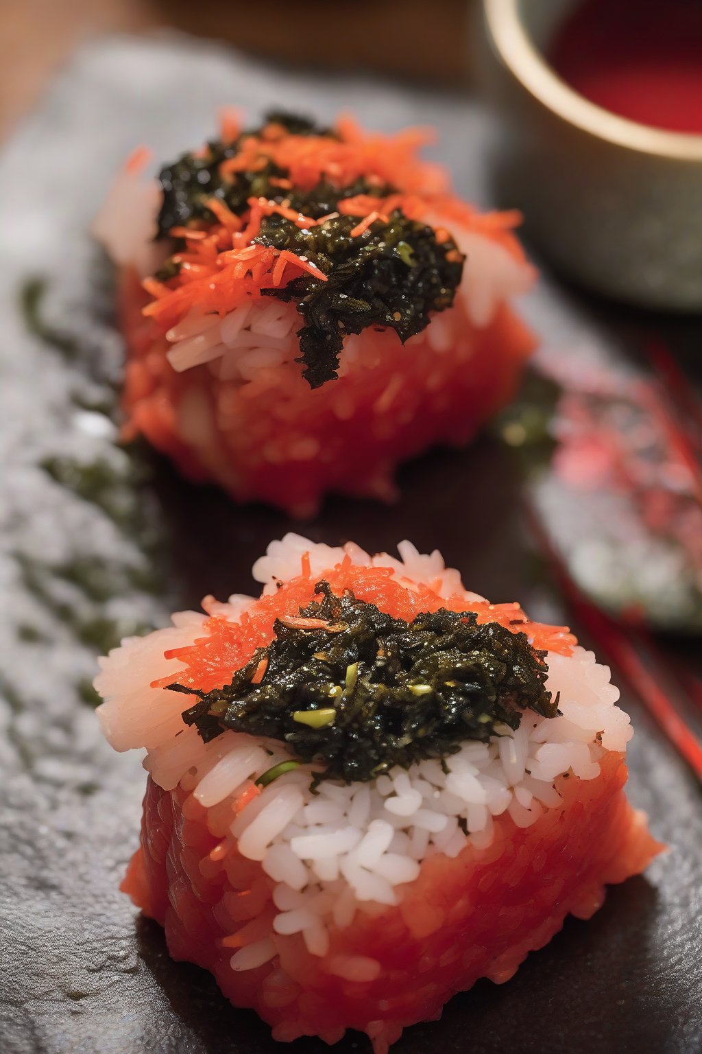 A high-resolution close-up photo of vibrant red spicy tuna onigiri with nori accents, glistening slightly, under soft lighting.