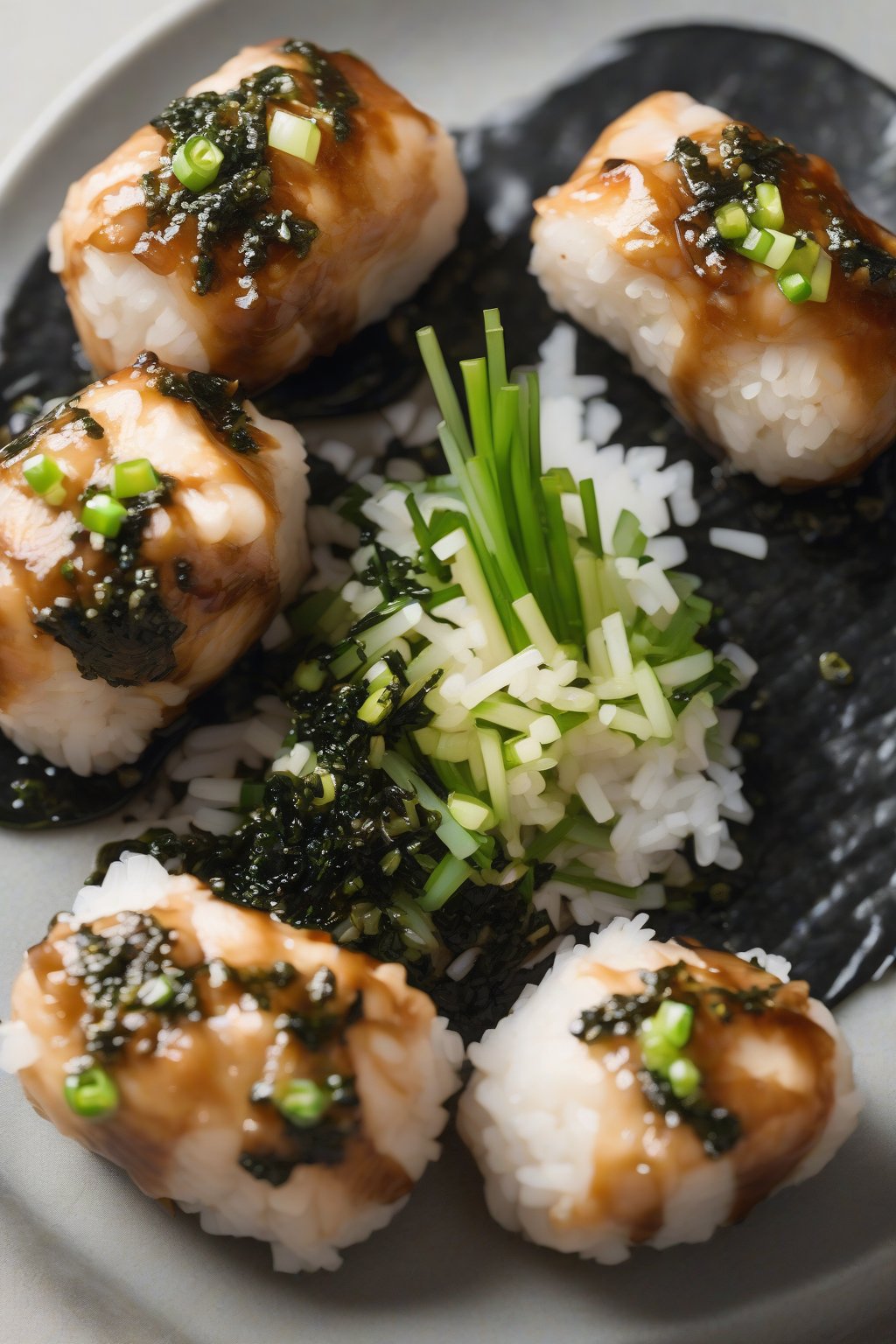 A high-resolution close-up photo of glossy teriyaki chicken onigiri topped with green onions and nori, under soft lighting.