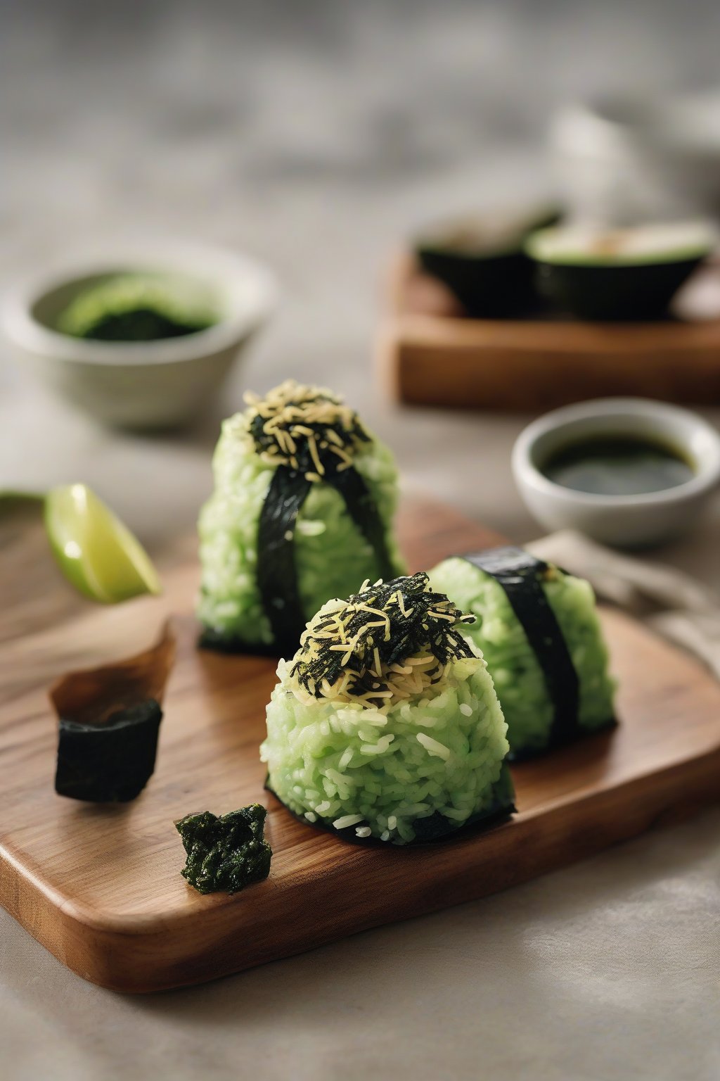 A high-resolution close-up photo of smooth green avocado wasabi onigiri with a nori wrap, drizzled with lime, under soft lighting.