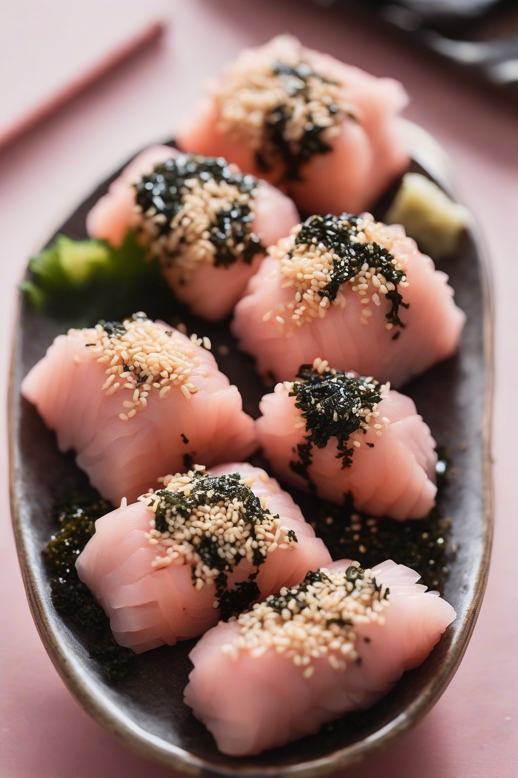 A high-resolution close-up photo of pink-hued kimchi onigiri with sesame seeds and nori fringe, under soft lighting.