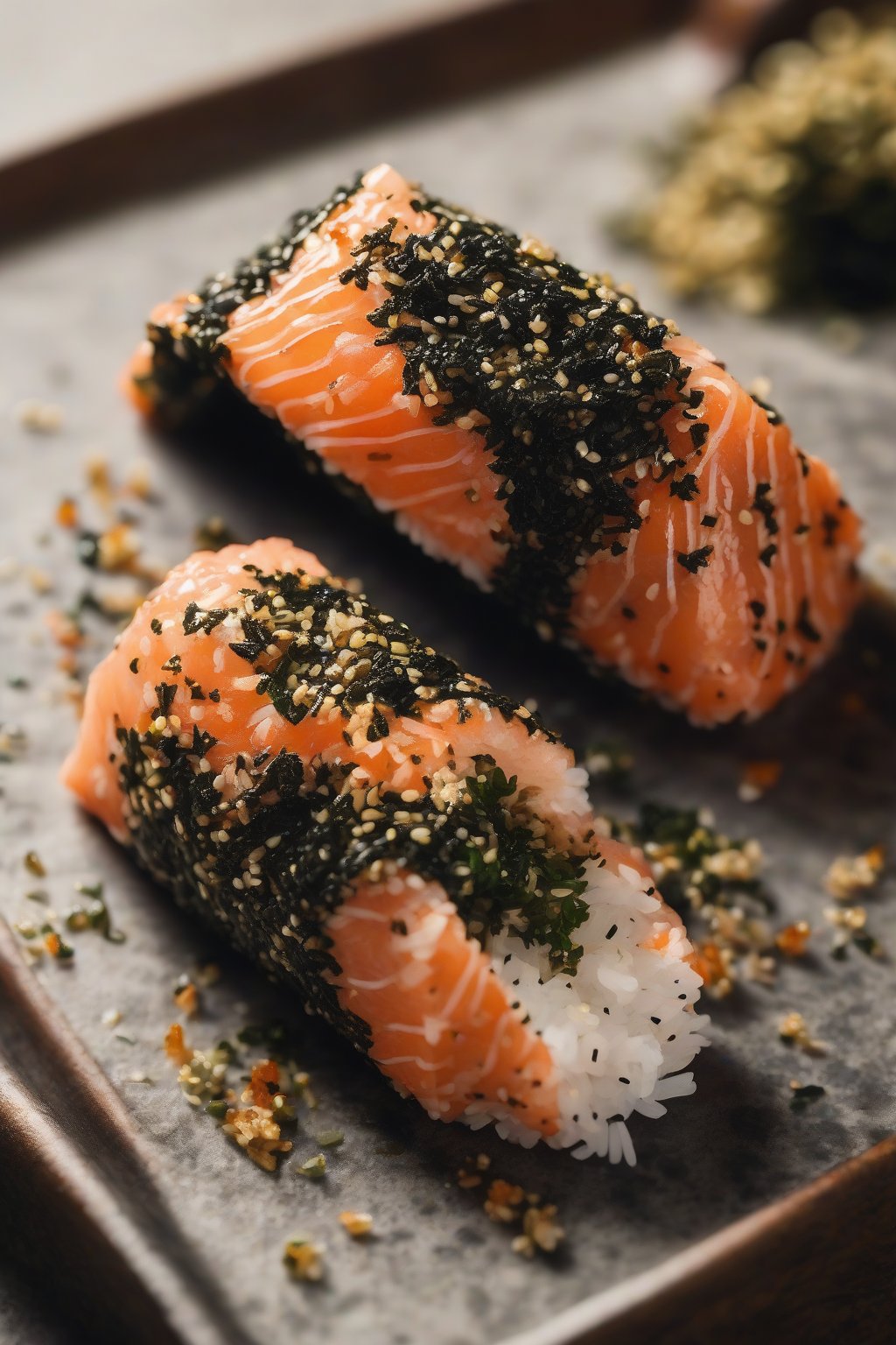 A high-resolution close-up photo of furikake-crusted salmon onigiri shining with nori wrap, under soft lighting.