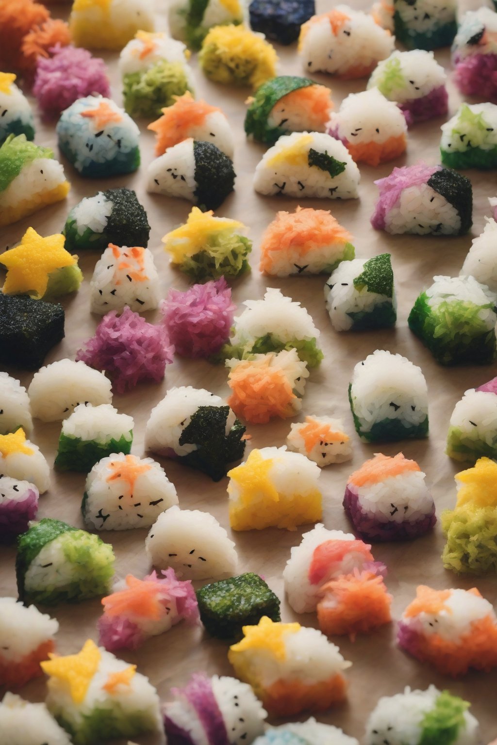 A high-resolution close-up photo of multicolored veggie rainbow onigiri in fun star shapes with nori, under soft lighting.