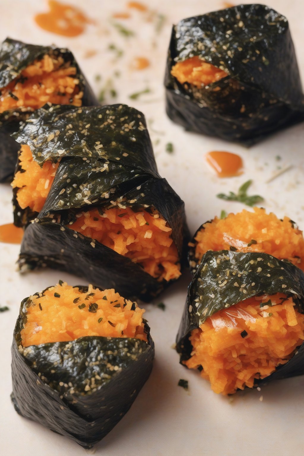 A high-resolution close-up photo of orange sweet potato miso onigiri wrapped in nori, under soft lighting.