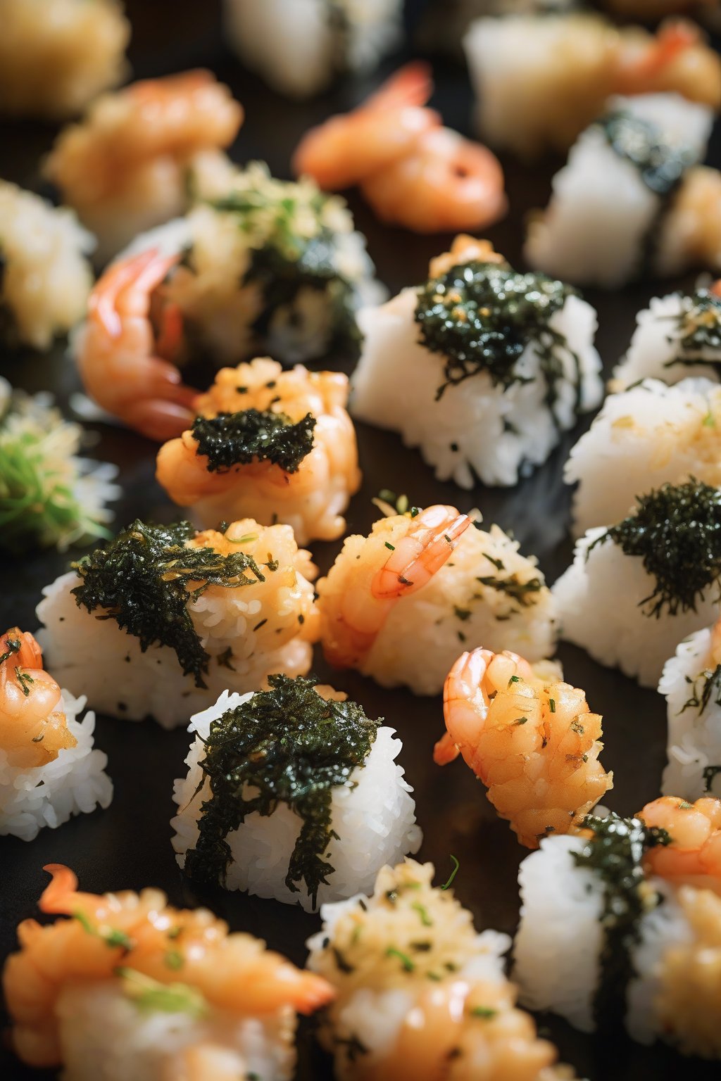 A high-resolution close-up photo of tempura shrimp peeking from golden rice onigiri with nori, under soft lighting.