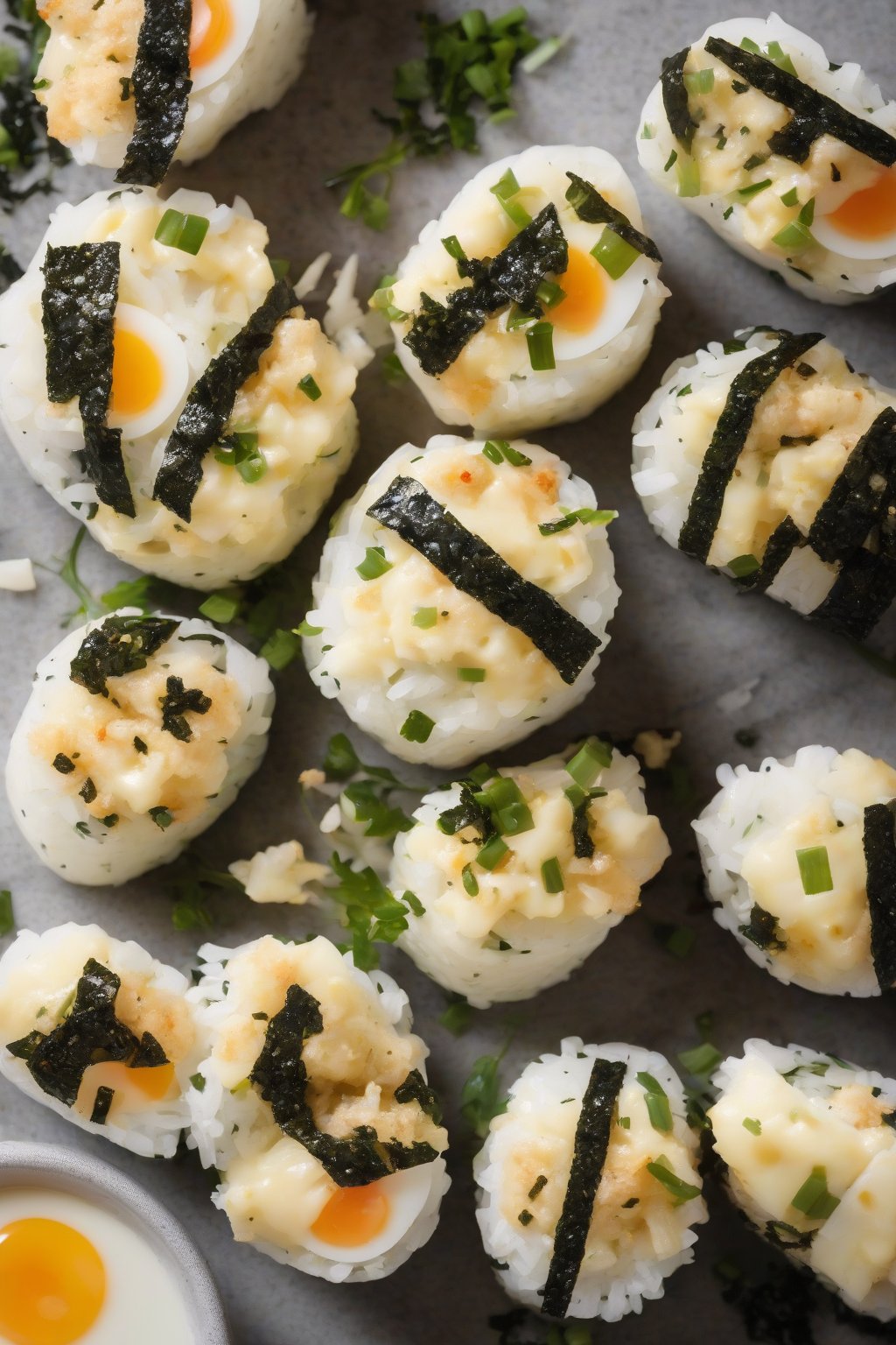 A high-resolution close-up photo of creamy egg salad onigiri with nori strips, under soft lighting.