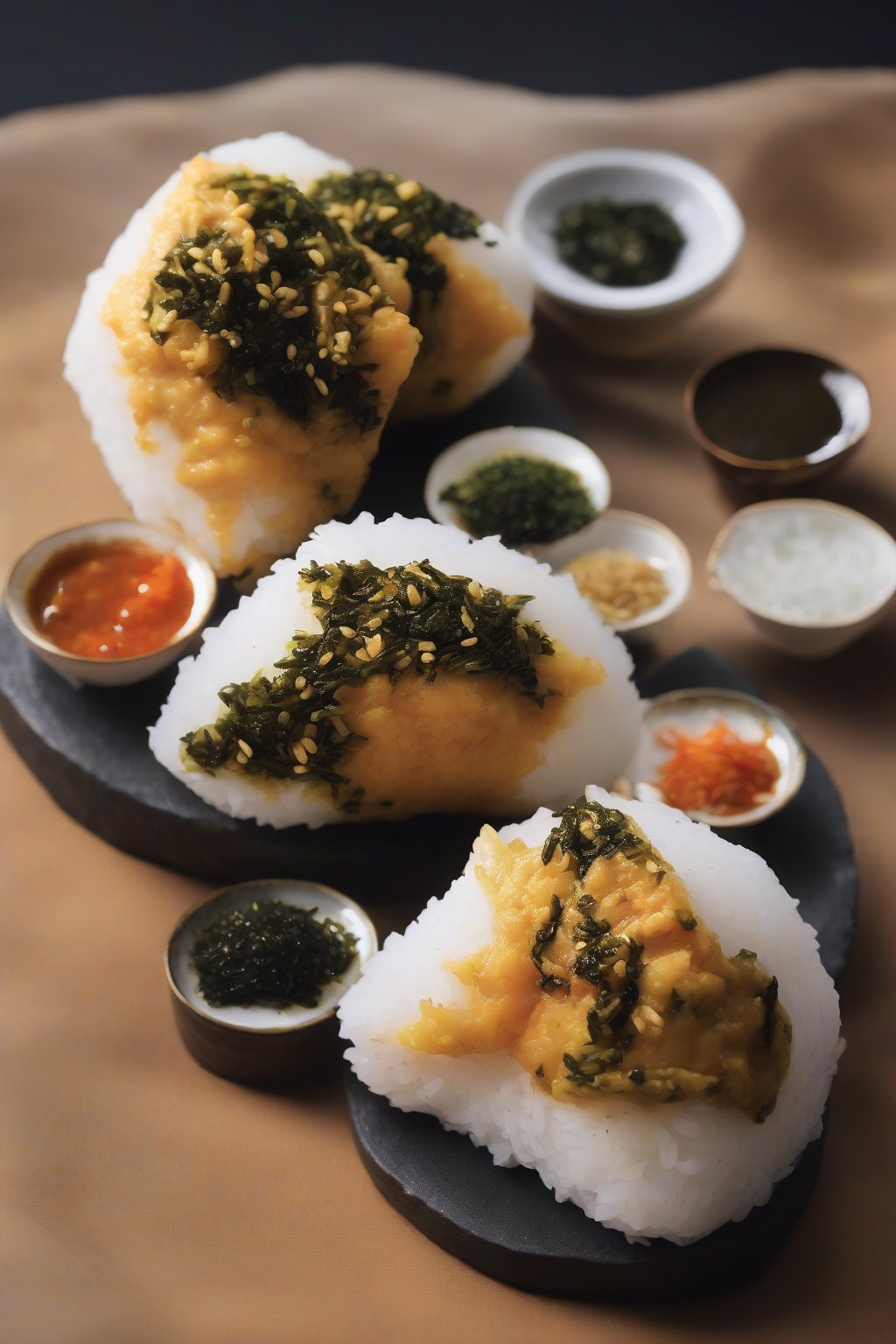 A high-resolution close-up photo of aromatic curry chicken onigiri garnished with nori, under soft lighting.