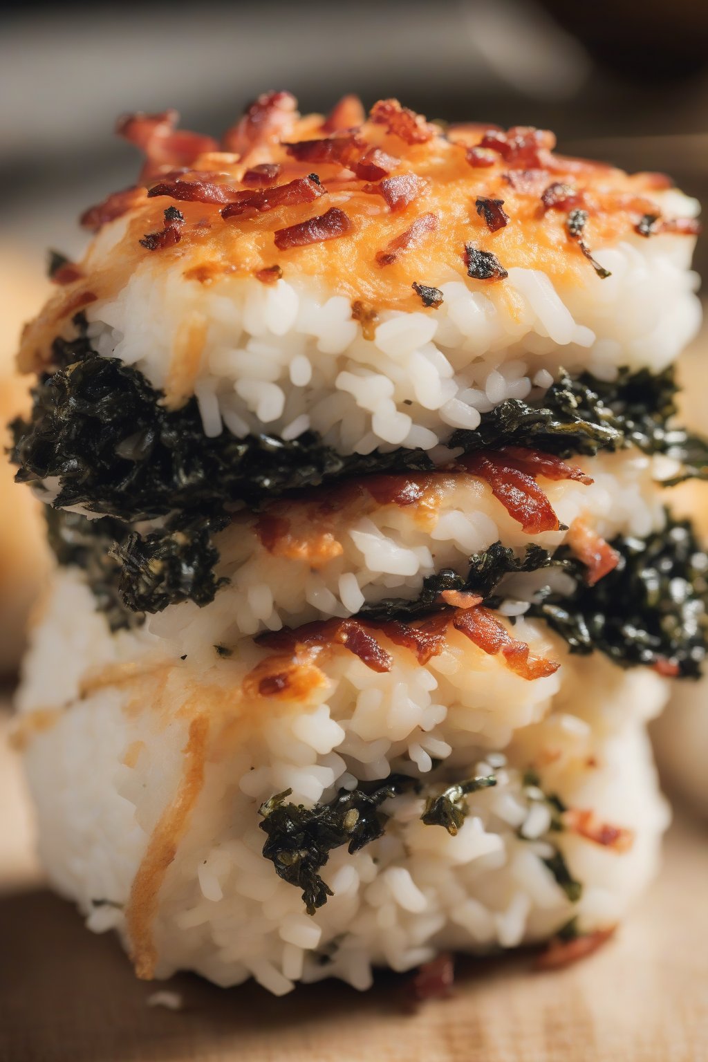 A high-resolution close-up photo of melty cheese bacon onigiri with crispy nori, under soft lighting.