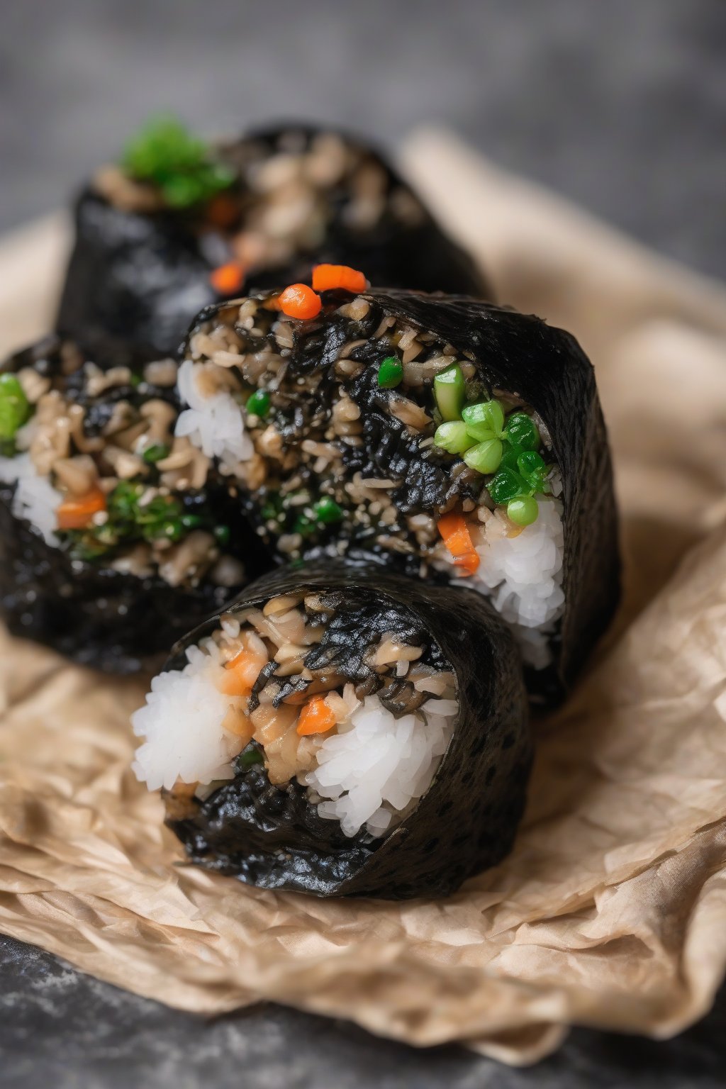 A high-resolution close-up photo of dark mushroom umami onigiri under nori wrap, under soft lighting.
