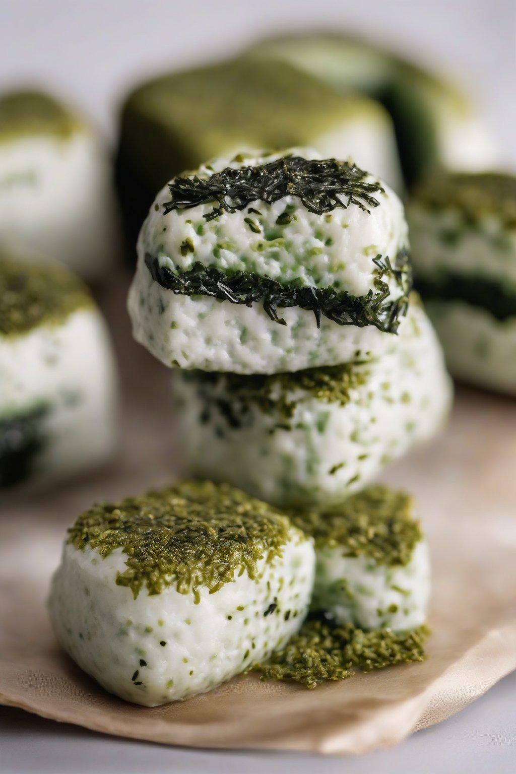 A high-resolution close-up photo of green-tinged matcha cream cheese onigiri with nori, under soft lighting.
