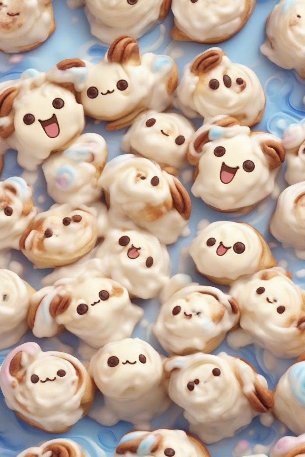 A high-resolution close-up photo of fluffy Cinnamoroll cinnamon roll bites with swirled ears and smiling faces under soft lighting.