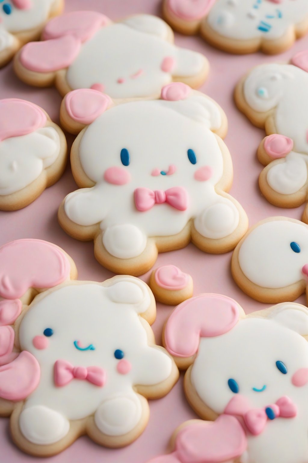 A high-resolution close-up photo of smiling Cinnamoroll sugar cookies with floppy ears and pink blush under soft lighting.