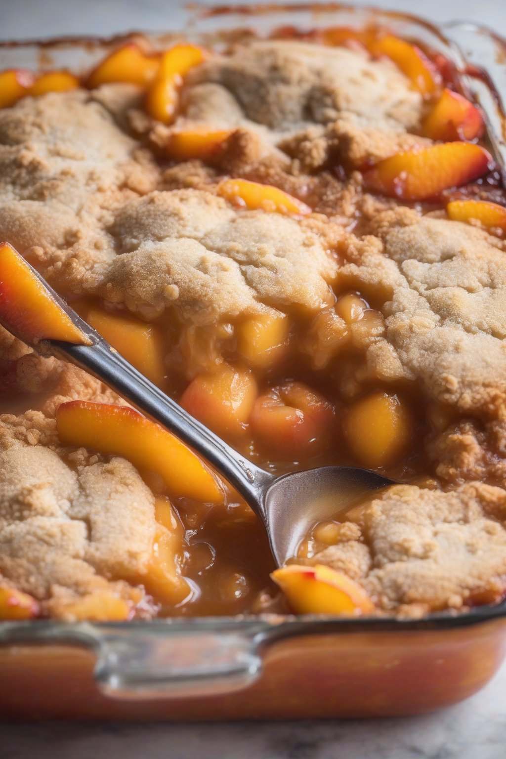 A high-resolution photo of vegan peach cobbler steaming with juicy slices and flaky vegan crust, under soft lighting.