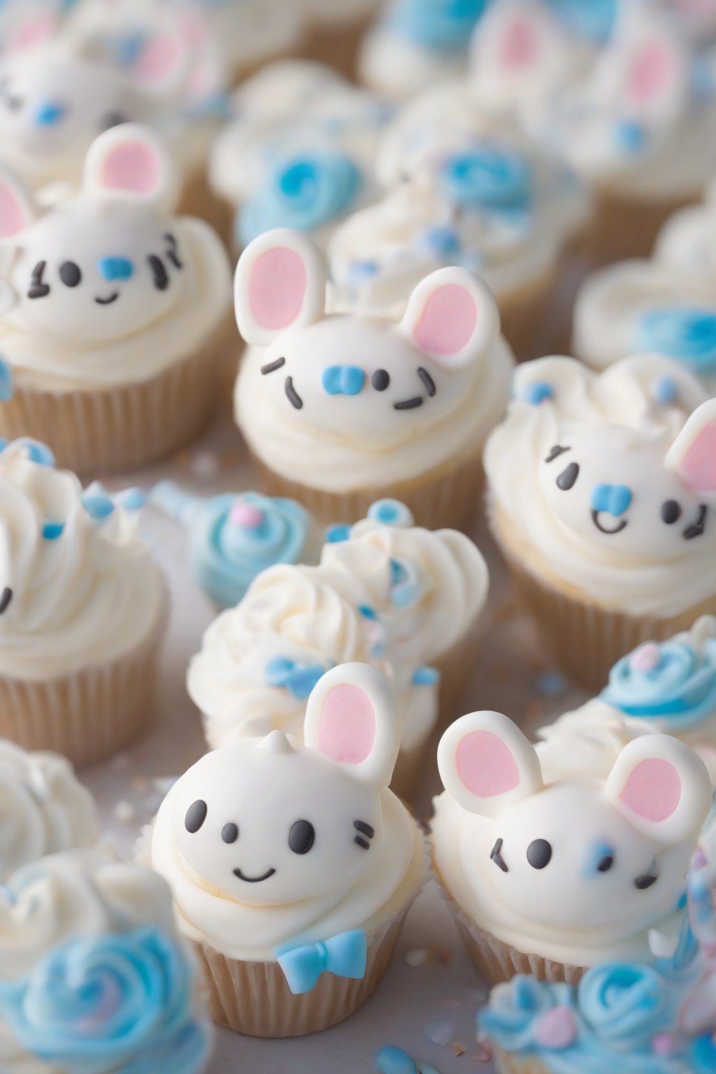 A high-resolution close-up photo of Cinnamoroll cupcakes with fondant ears swirling atop fluffy frosting under soft lighting.