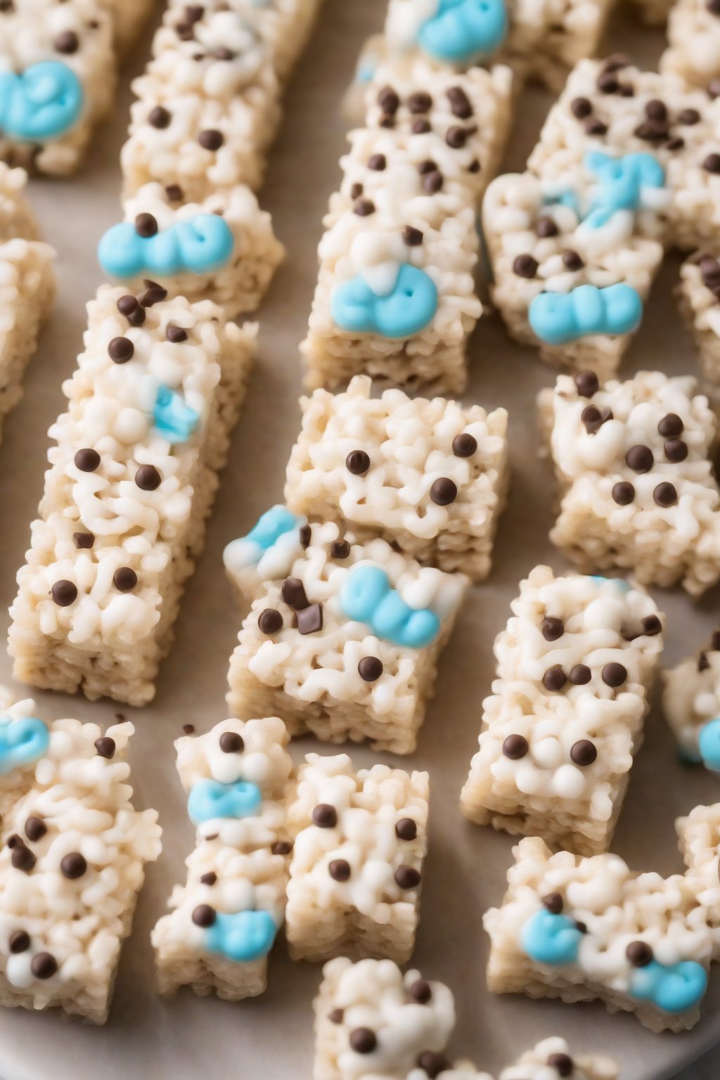 A high-resolution close-up photo of gooey Cinnamoroll Rice Krispie treats with chocolate-dipped ears under soft lighting.