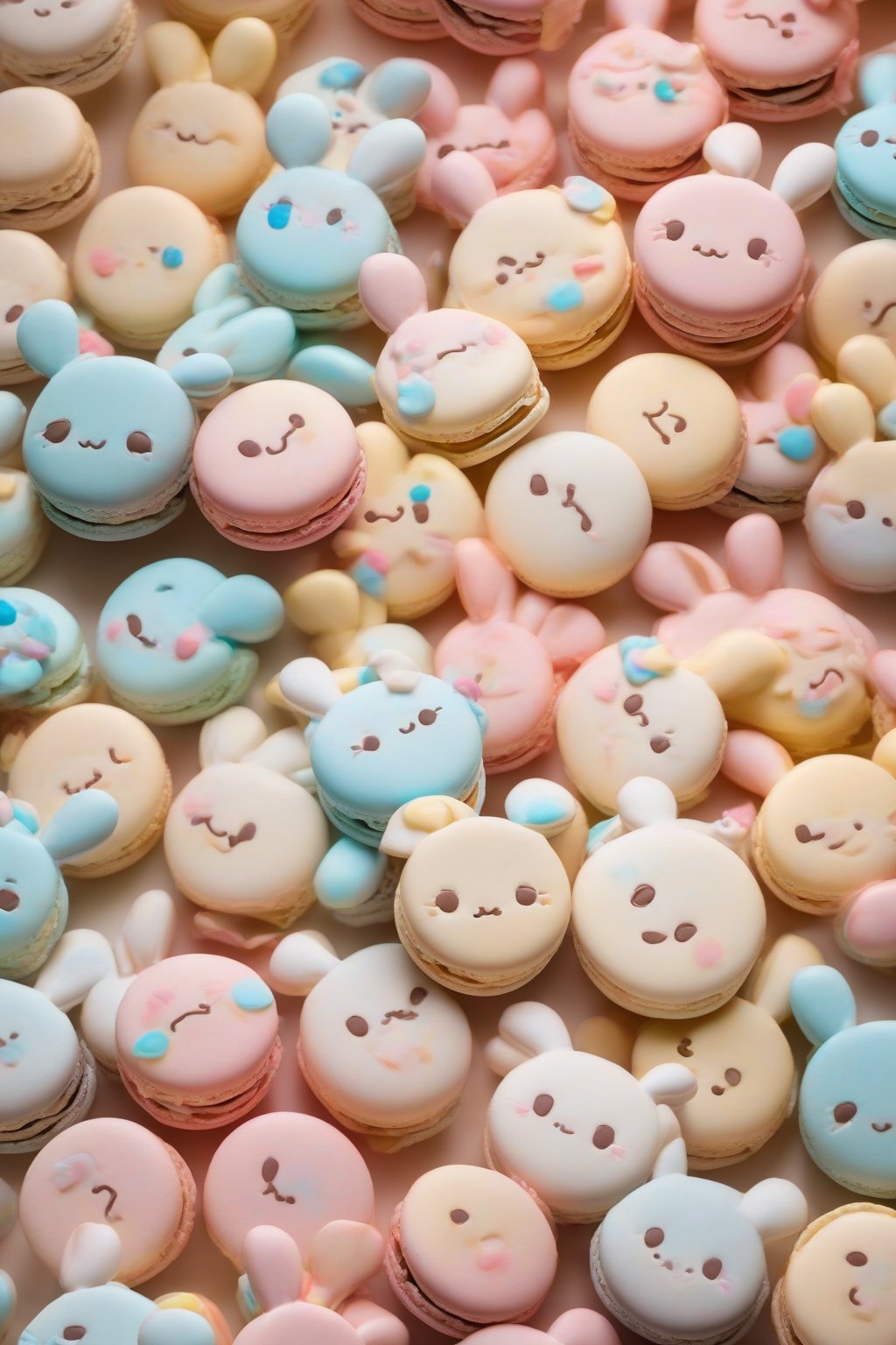 A high-resolution close-up photo of pastel Cinnamoroll macarons with piped ears and smiles under soft lighting.