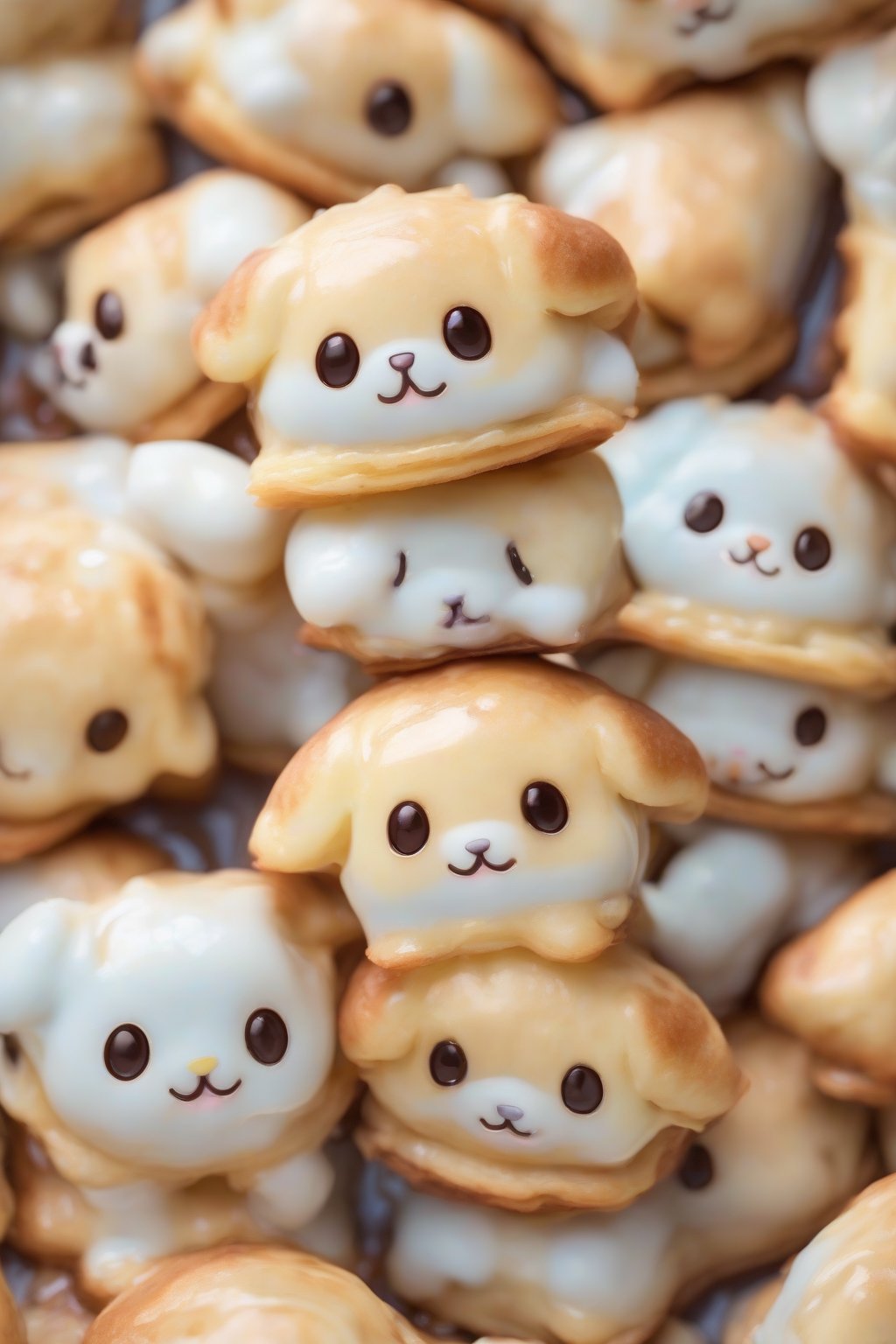 A high-resolution close-up photo of stacked Cinnamoroll pancake puppies drizzled in syrup under soft lighting.