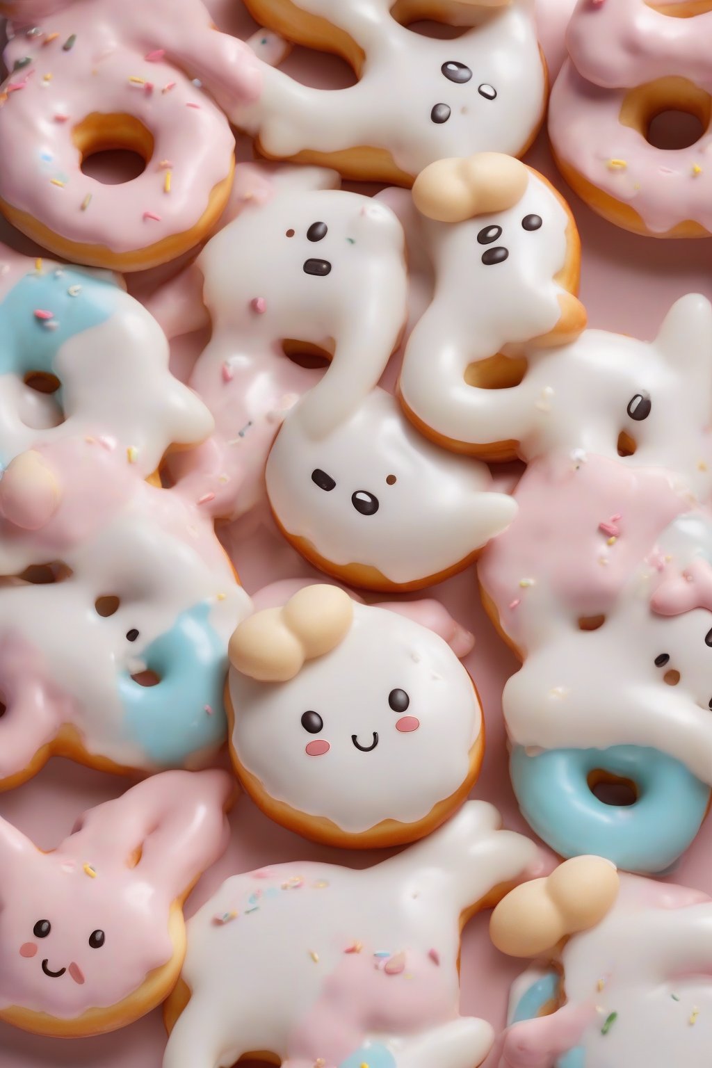 A high-resolution close-up photo of glazed Cinnamoroll donuts with floppy ear details under soft lighting.
