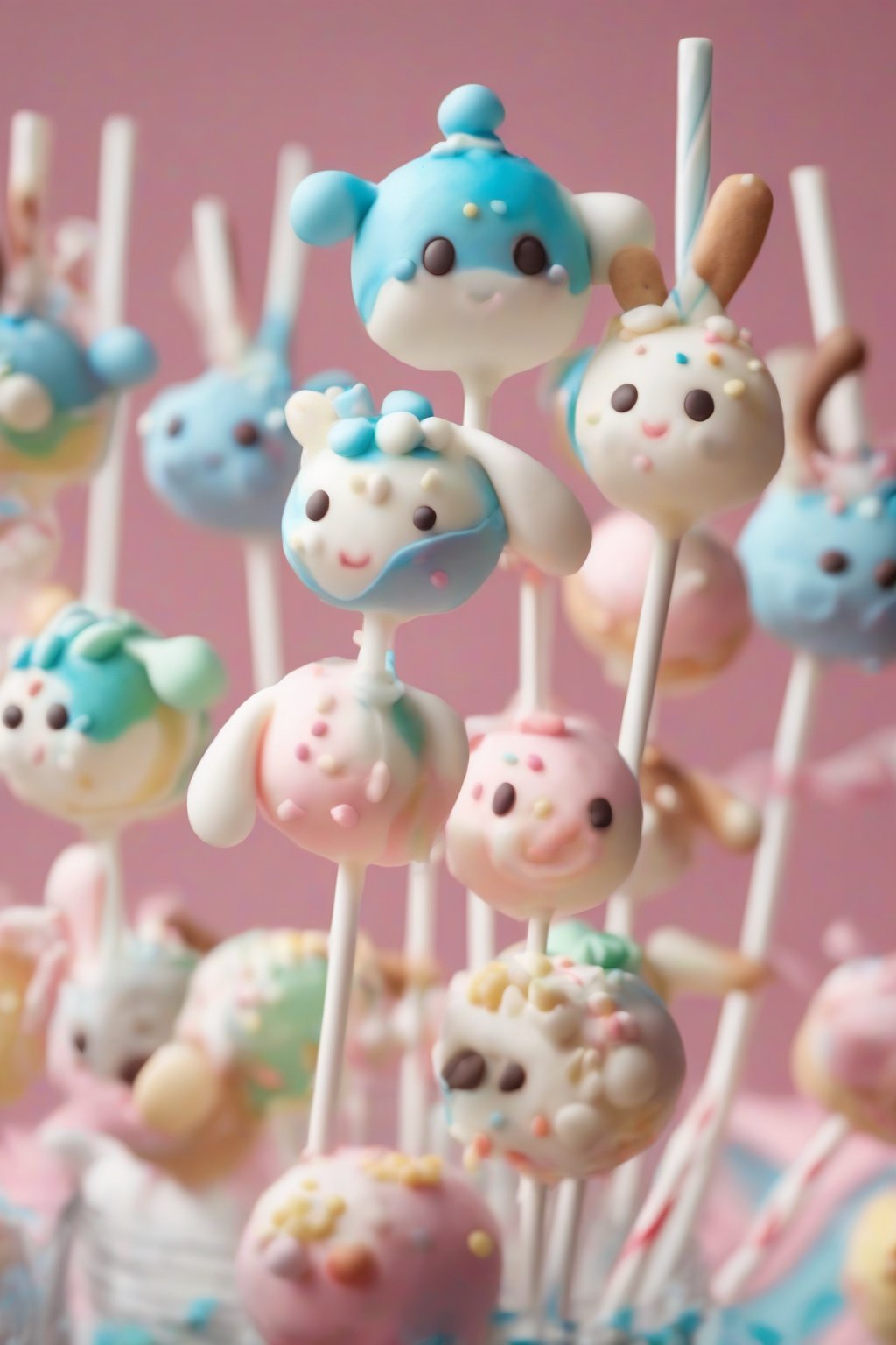 A high-resolution close-up photo of colorful Cinnamoroll cake pops with swirling ears on sticks under soft lighting.