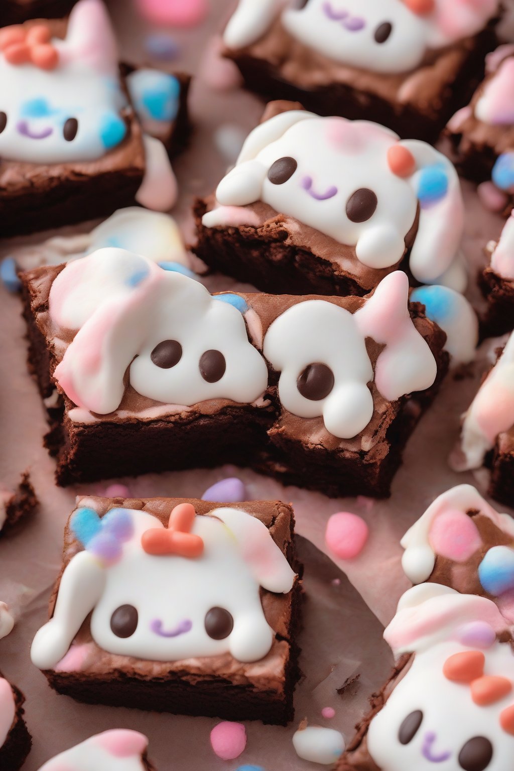 A high-resolution close-up photo of fudgy Cinnamoroll brownies with marshmallow blushes under soft lighting.