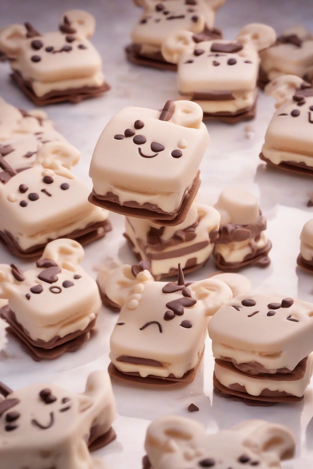 A high-resolution close-up photo of frozen Cinnamoroll ice cream sandwiches with chocolate ears under soft lighting.